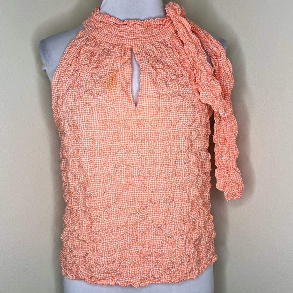 Sara Campbell Top Large Orange Check Tie Neck Keyhole Seersucker Crinkle Gingham